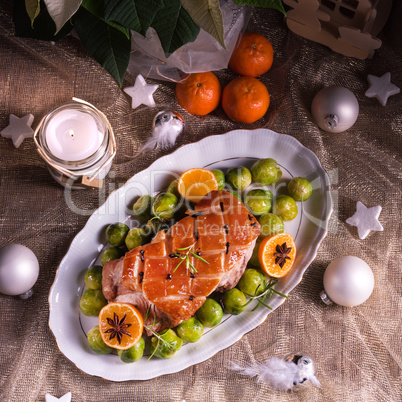 Christmas dinner with brussels sprouts in orange sauce