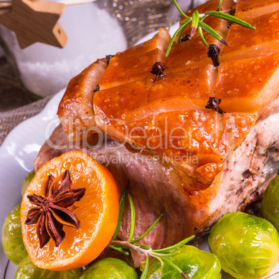 Christmas dinner with brussels sprouts in orange sauce