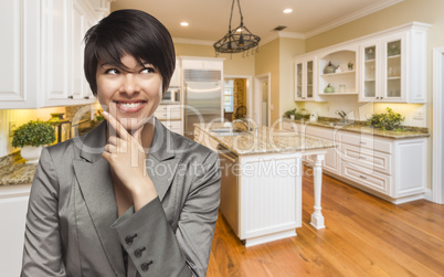 Mixed Race Woman Looking Back Over Shoulder Inside Custom Kitche