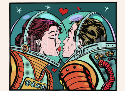 Kiss space man and woman astronauts