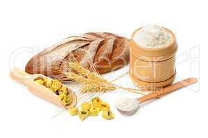 bread and flour products isolated on white background