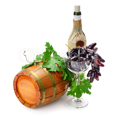 wine barrel, bottle and glass