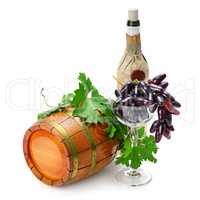 wine barrel, bottle and glass