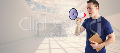 Composite image of male trainer yelling through the megaphone