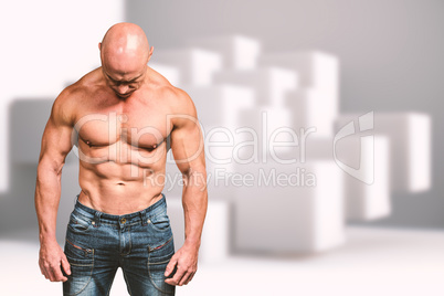 Composite image of muscular sad man looking down