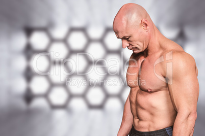 Composite image of side view of sad bald man looking down