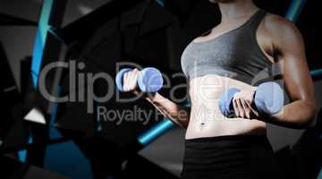 Composite image of muscular woman lifting heavy dumbbells