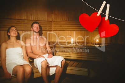 Composite image of couple together in the sauna