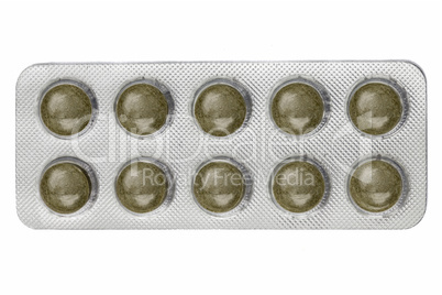 Pills in a blister pack, isolated on white background, with clip