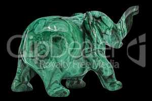 Elephant figurine from malachite, isolated on black background,