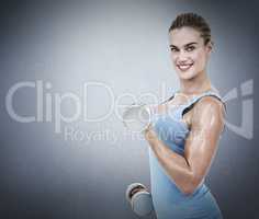 Composite image of muscular woman exercising with dumbbells