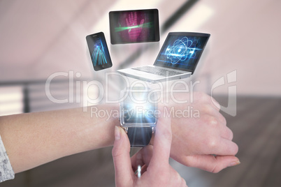 Composite image of woman using smartwatch