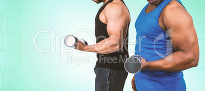 Composite image of strong friends posing with dumbbells