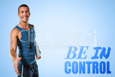 Composite image of happy personal trainer giving handshake