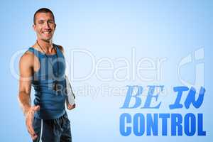 Composite image of happy personal trainer giving handshake