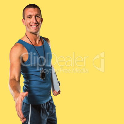 Composite image of happy personal trainer giving handshake