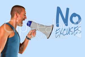 Composite image of angry male trainer yelling through megaphone