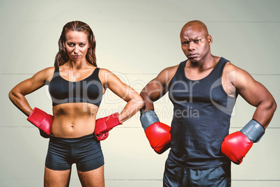 Composite image of portrait of male and female boxers with hands