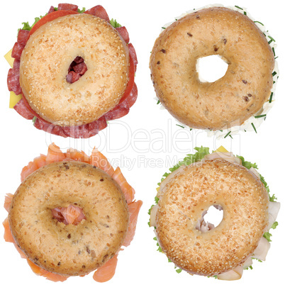 Collage von Bagels Brötchen mit Salami Schinken Frischkäse Lac