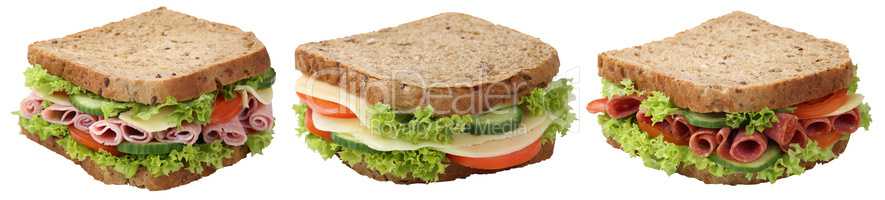 Collage Sandwiches Toasts zum Frühstück mit Salami Schinken K