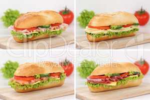 Collage von Sandwiches Baguettes zum Frühstück belegt mit Sala