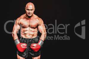 Composite image of portrait full length of bald boxer flexing mu