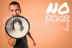 Composite image of male trainer yelling through megaphone