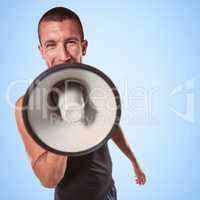 Composite image of male trainer yelling through megaphone