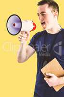 Composite image of male trainer yelling through the megaphone