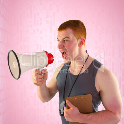 Composite image of angry personal trainer yelling through megaph