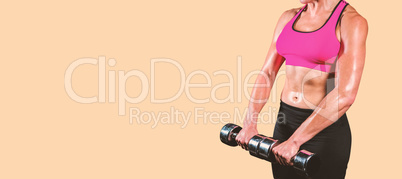 Composite image of muscular woman lifting heavy dumbbells