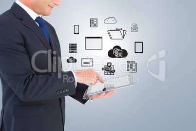 Composite image of mid section of a businessman with arms out