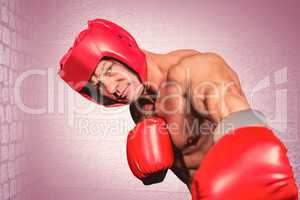 Composite image of portrait of boxer with gloves punching agains