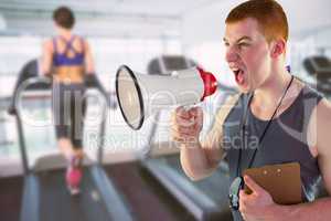 Composite image of angry personal trainer yelling through megaph