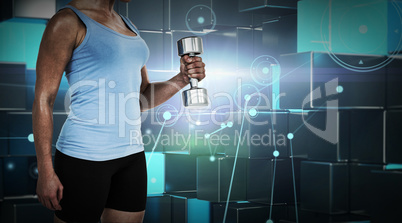 Composite image of muscular woman exercising with dumbbells