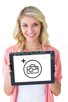 Composite image of young pretty student showing tablet pc