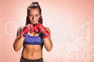 Composite image of portrait of pretty woman with fighting stance