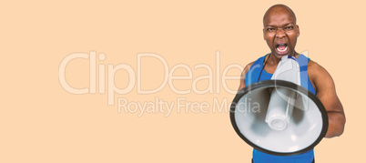 Composite image of fit trainer shouting through megaphone