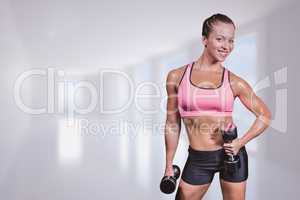 Composite image of portrait of happy woman with dumbbells