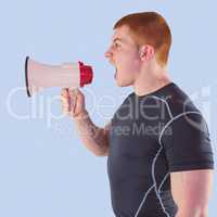 Composite image of angry rugby player yelling through the megaph