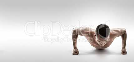 Composite image of fit shirtless athlete doing push ups