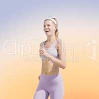 Composite image of sporty happy blonde jogging