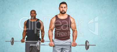 Composite image of man lifting barbell with trainer