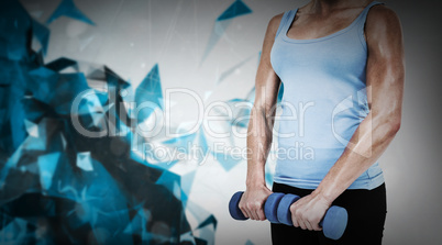 Composite image of muscular woman exercising with dumbbells