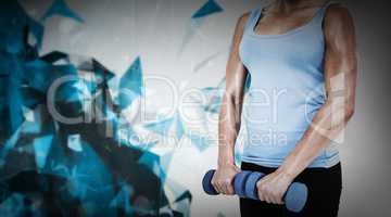 Composite image of muscular woman exercising with dumbbells