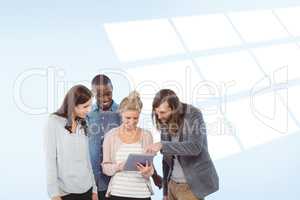 Composite image of happy woman holding digital tablet and discus