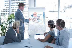 Composite image of manager presenting whiteboard to his colleagu