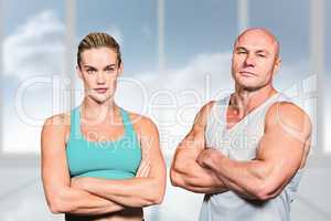 Composite image of portrait of athlete man and woman with arms c