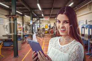 Composite image of pretty girl with tablet