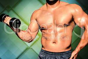 Composite image of mid section of a bodybuilder with dumbbell